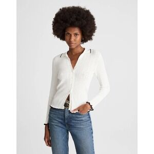 Madewell Pointelle Polo Cardigan Sweater White Black Tipped NY445 Small NWT